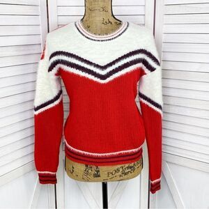 Ohmg Fuzzy Eyelash Trim Ribbed Knit Sweater Red White Juniors Small Cheerleader